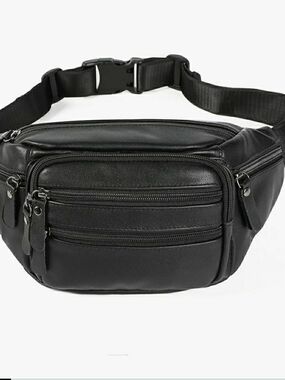 Men's Black Leather Waist Bag Fanny Pack